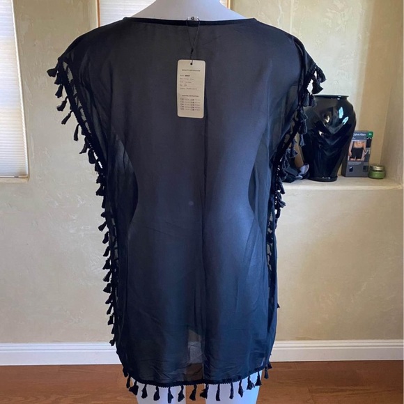 New GDKEY Black Sheer Swimsuit Cover Up With Tassels - Picture 2 of 5
